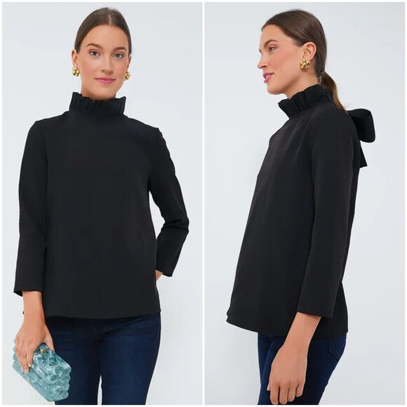 Tuckernuck Black Faye Blouse size M medium ruffle neck bow back 3/4 sleeve top - Picture 4 of 10